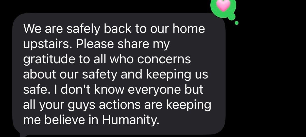 "We are safely back home - please share my gratitude"