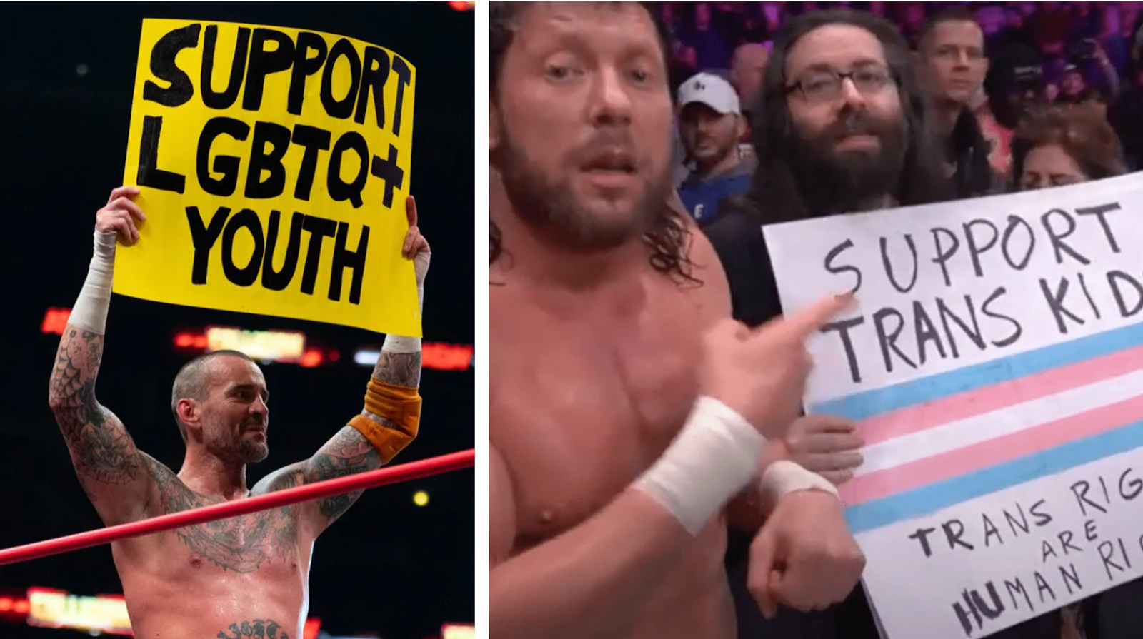 Wrestling pointing to a sign saying "Support Trans Kid" in the audience