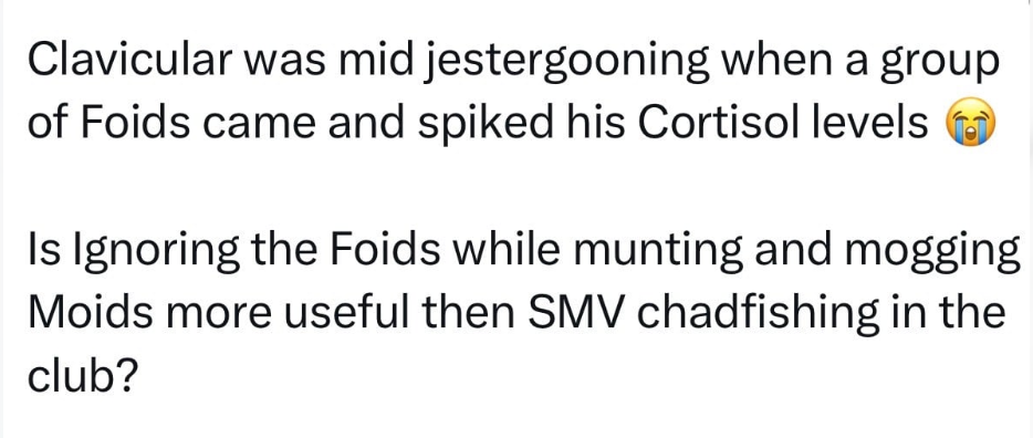 "Clavicular was mid jestergooning when a group of Foids came and spiked his cortisol levels. Is ignoring the Foids while munting and mogging Moids more useful than SMV chadfishing in the club?"