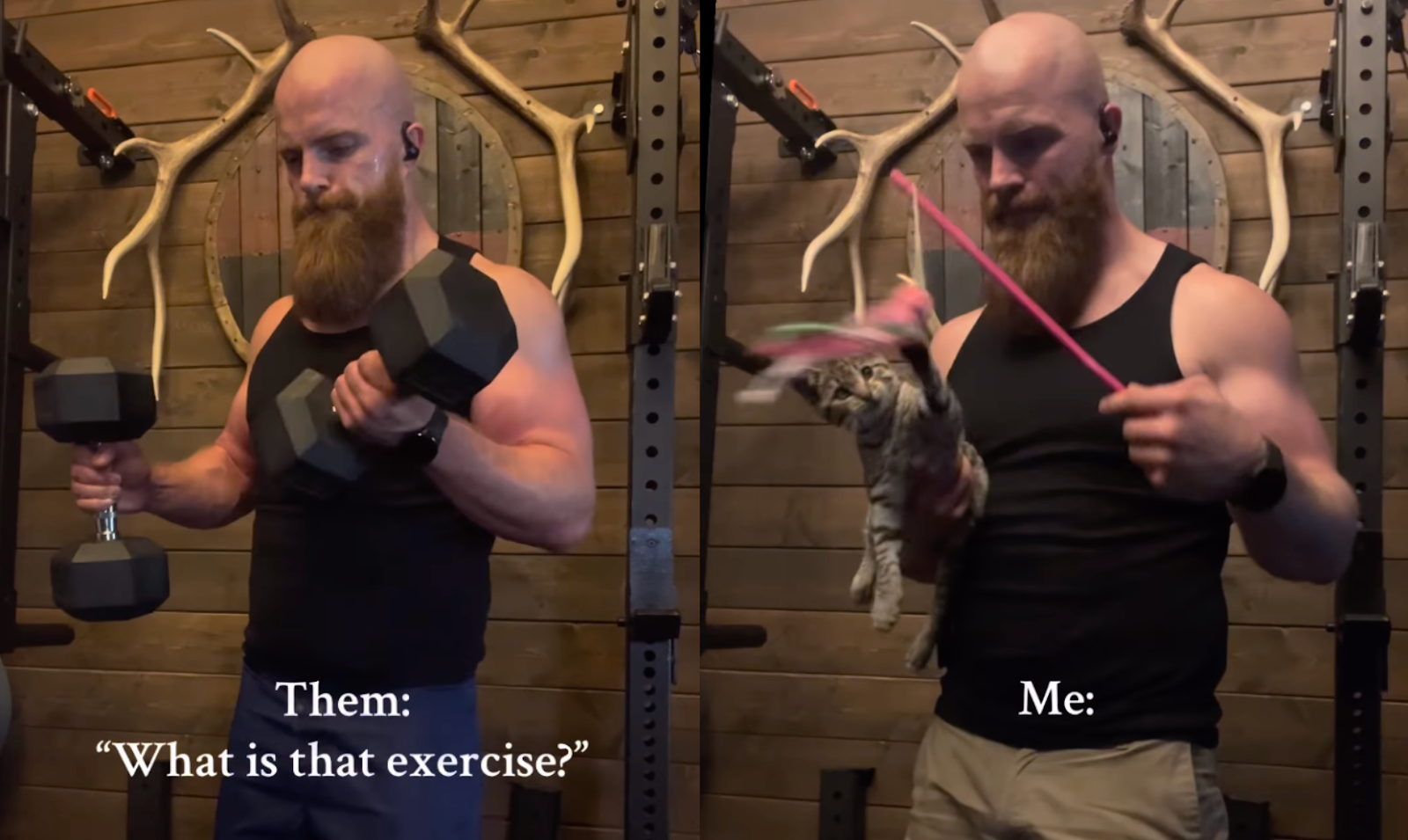 Man working out with his cat