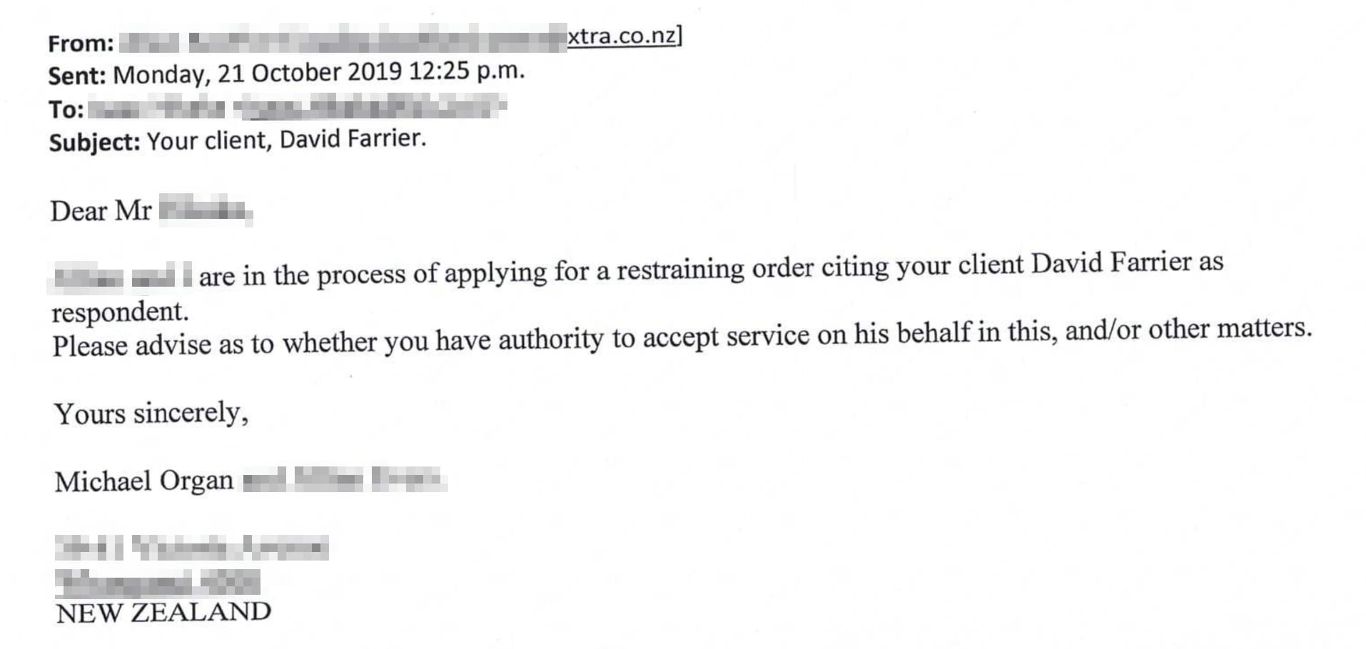 Organ seeking a restraining order