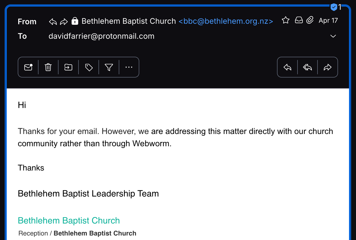 "Thanks for your email. However, we&nbsp;are addressing this matter directly with our church community rather than through Webworm."