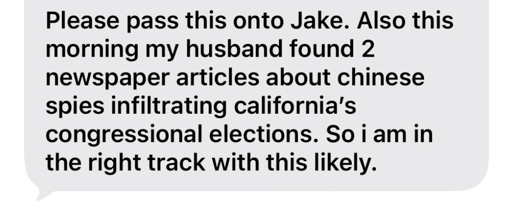 Text from Wilding:  “Found two newspaper articles about Chinese spies infiltrating California’s congressional elections.”