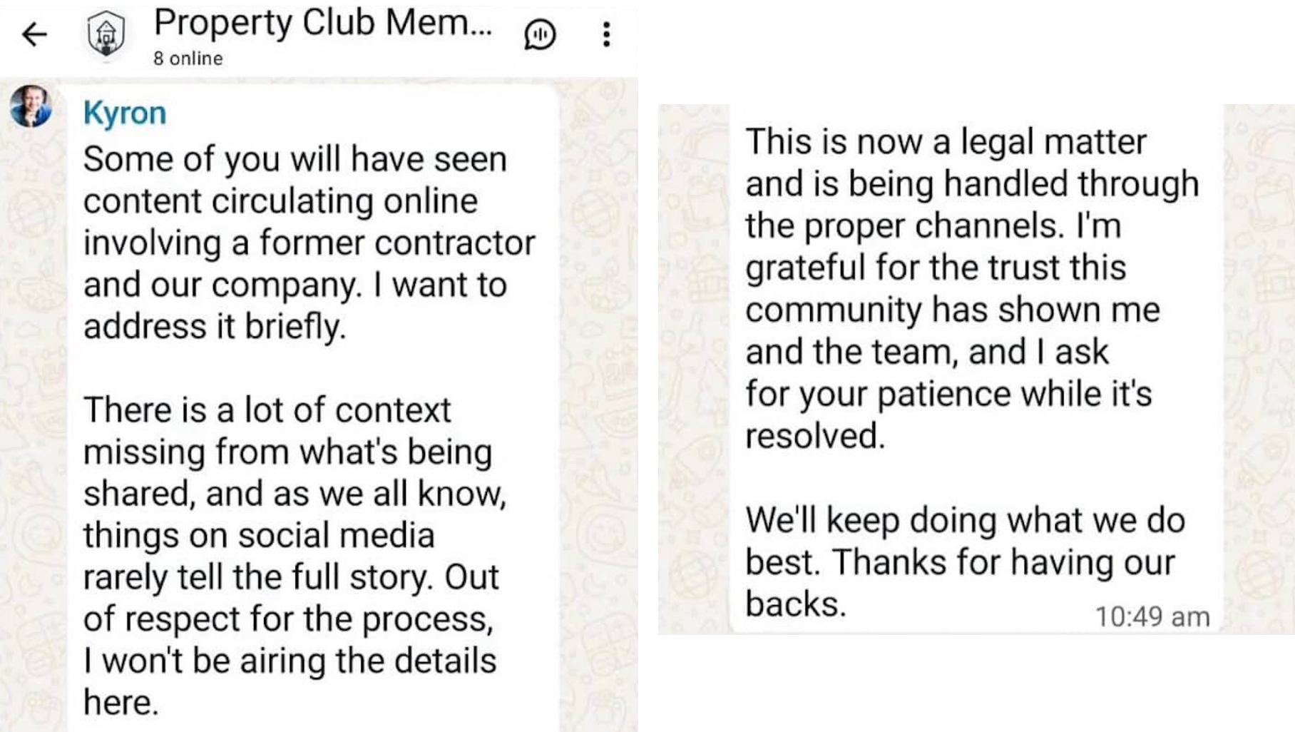 "There is a lot of context missing from what's being shared" and "This is now a legal matter." He ends with, "We'll keep doing what we do best."