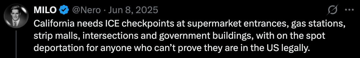 California needs ICE checkpoints at supermarket entrances, gas stations, strip malls, intersections and government buildings, with on the spot deportation for anyone who can’t prove they are in the US legally.