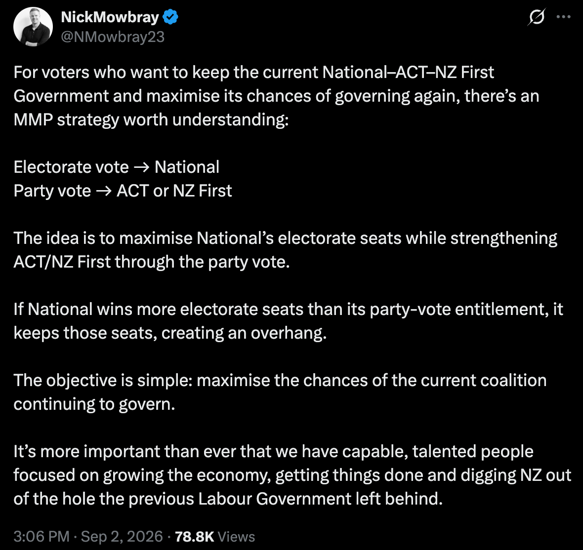 "or voters who want to keep the current National–ACT–NZ First Government and maximise its chances of governing again, there’s an MMP strategy worth understanding: Electorate vote → National Party vote → ACT or NZ First The idea is to maximise National’s electorate seats while strengthening ACT/NZ First through the party vote. If National wins more electorate seats than its party-vote entitlement, it keeps those seats, creating an overhang. The objective is simple: maximise the chances of the current coalition continuing to govern. It’s more important than ever that we have capable, talented people focused on growing the economy, getting things done and digging NZ out of the hole the previous Labour Government left behind."