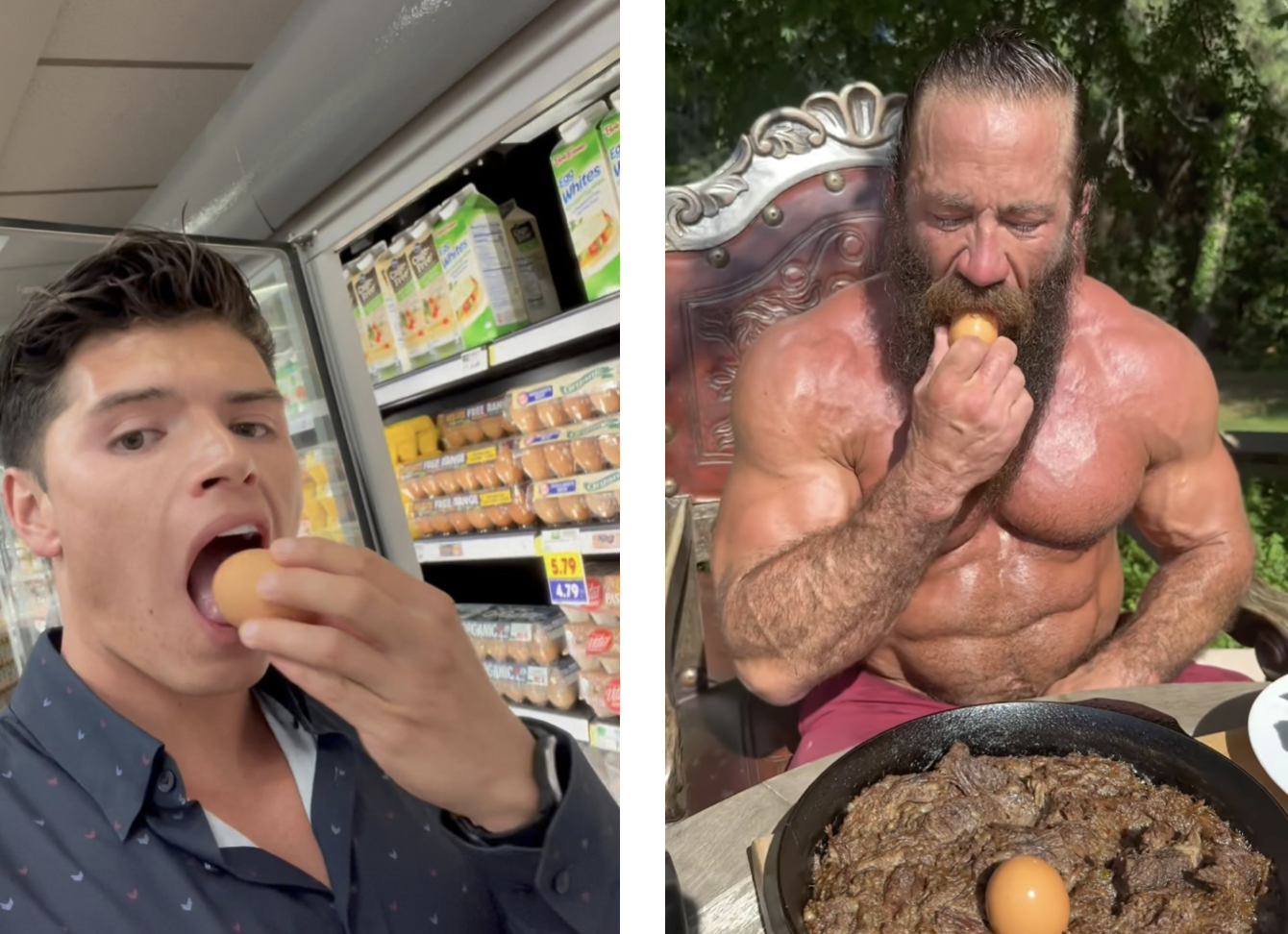 A big man eating raw eggs