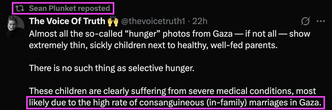 sean shares a tweet saying the images of starving kids are due to incest