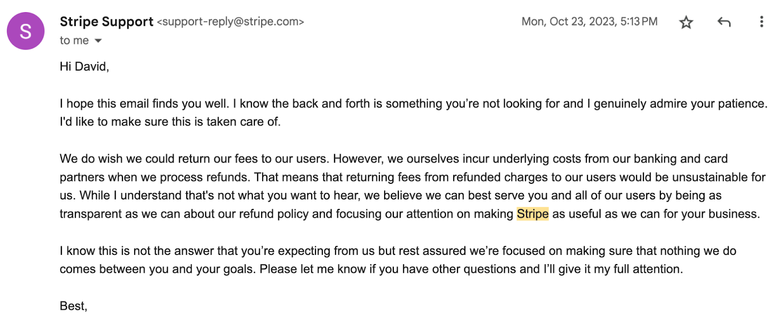 stripe saying in any email they can't refund me