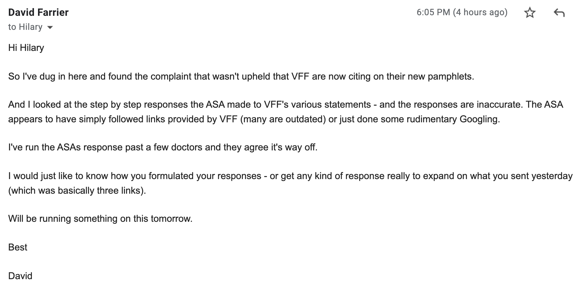 My email to the ASA asking where they got their information from