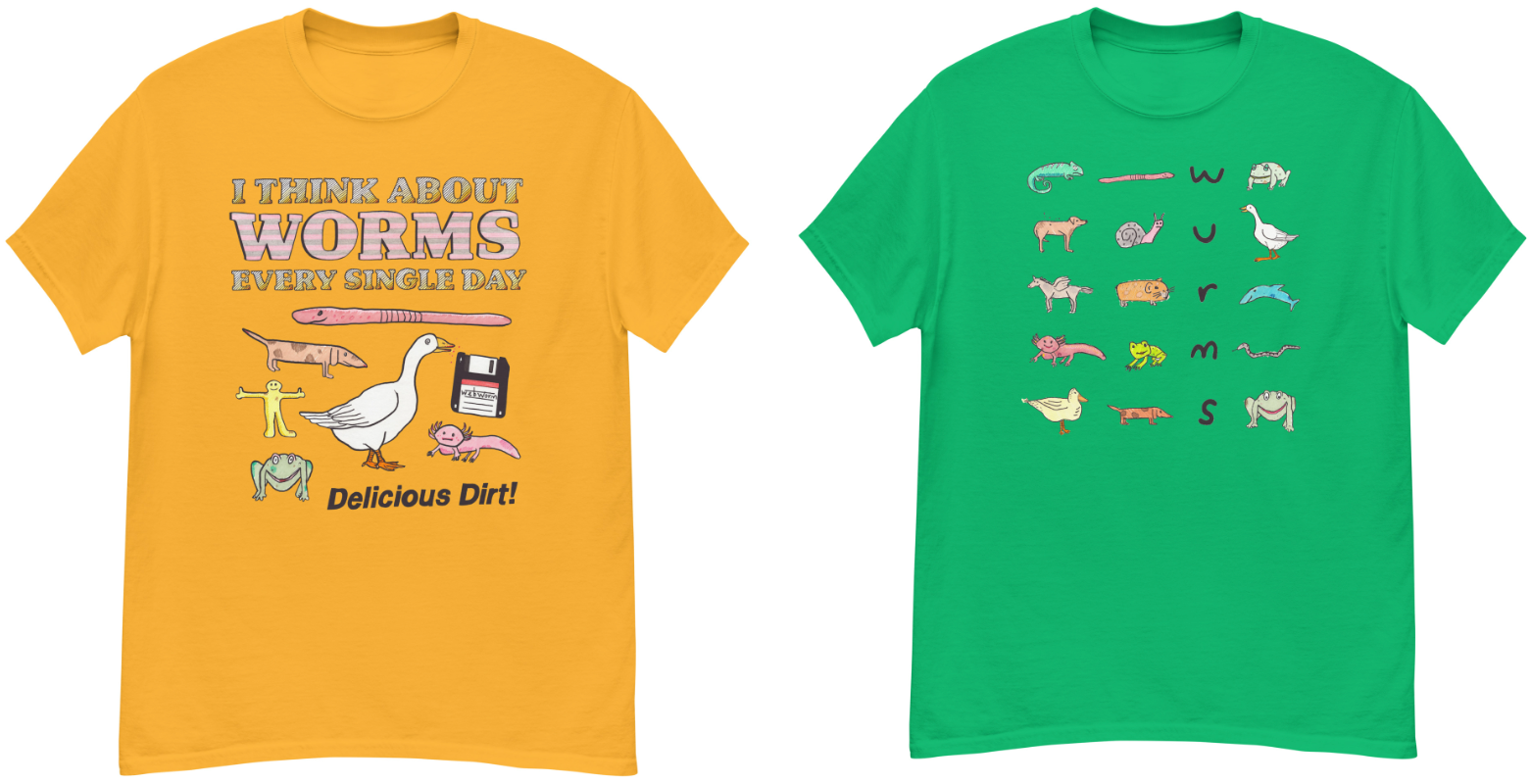 Two of the colourful new Webworm tees!