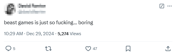 A tweet saying Beast Games is boring