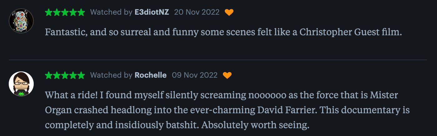 Fantastic and so surreal. This documentary is completely and insidiously batshit. Absolutely worth seeing.