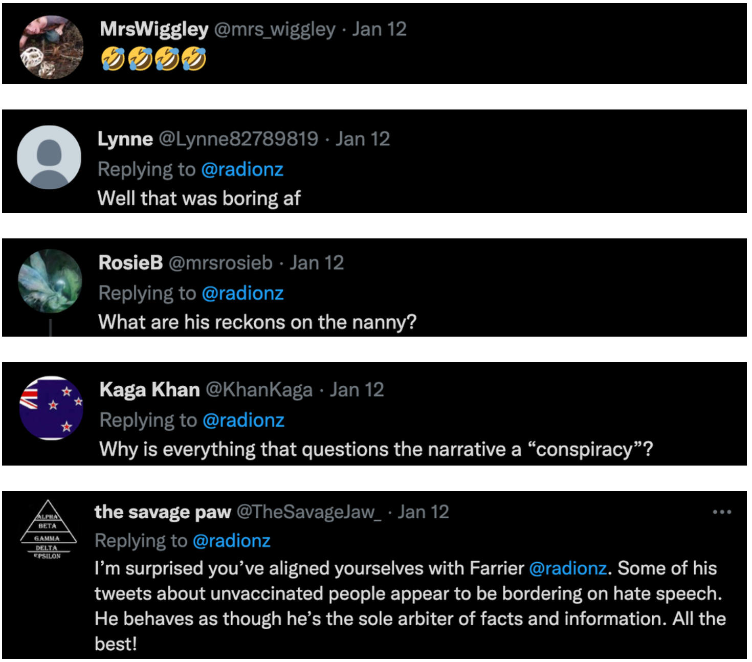 Laughing emojos. Then someone saying “That was boring AF”. Then someone saying “What are his reckons on the nanny?”. Then “Why is everything a conspiracy?” then “I’m surprised you aligned yourself with Farrier!”