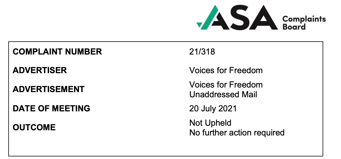 The ASA ruling on a VFF pamphlet - the complaint "not upheld"