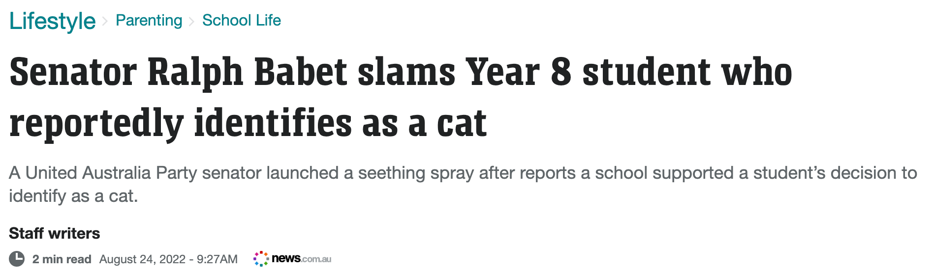 "Senator Ralph Babet slams Year 8 student who reportedly identifies as a cat"