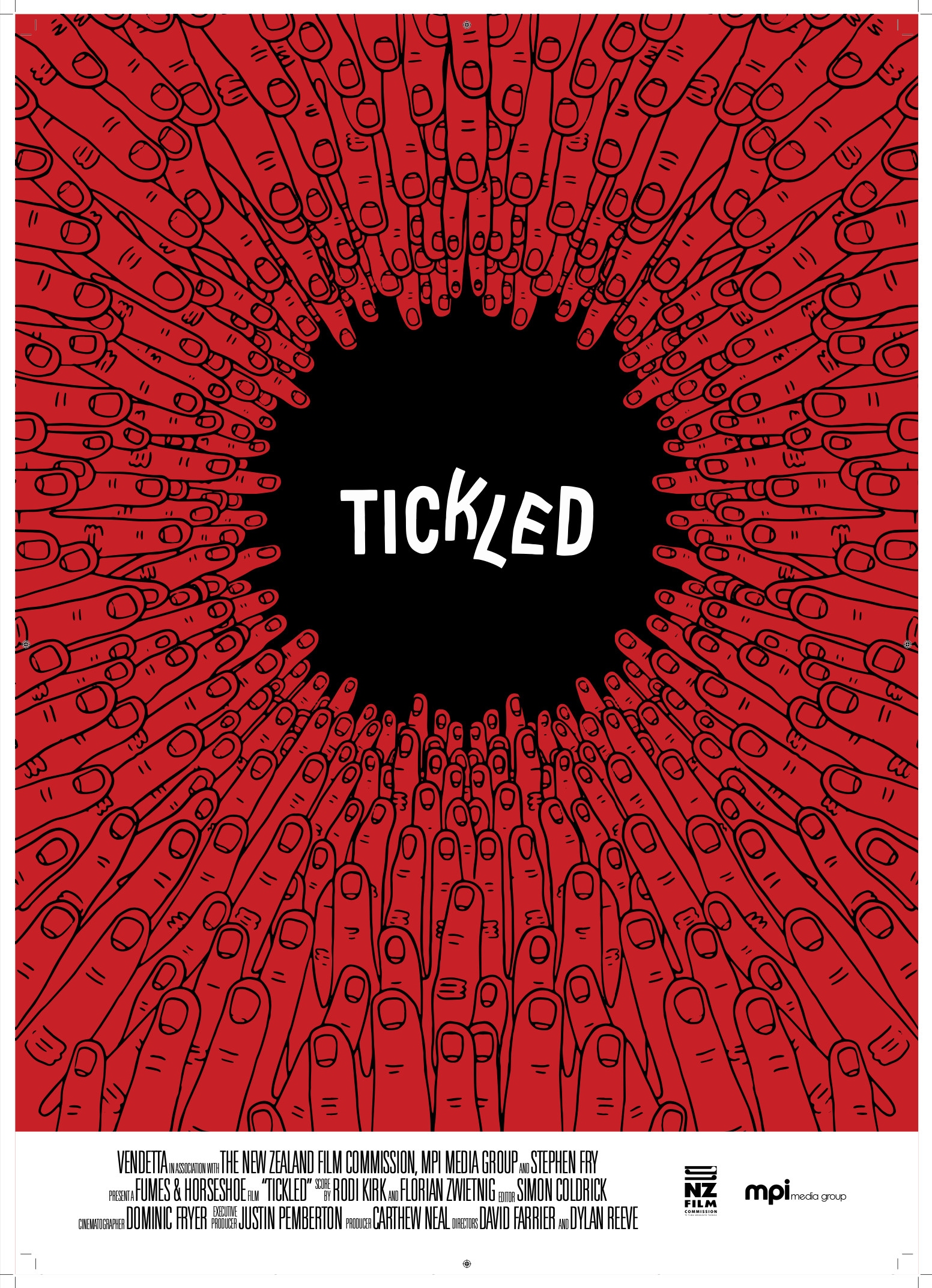 A sea of red illustrated fingers all pointing towards the title "tickled"