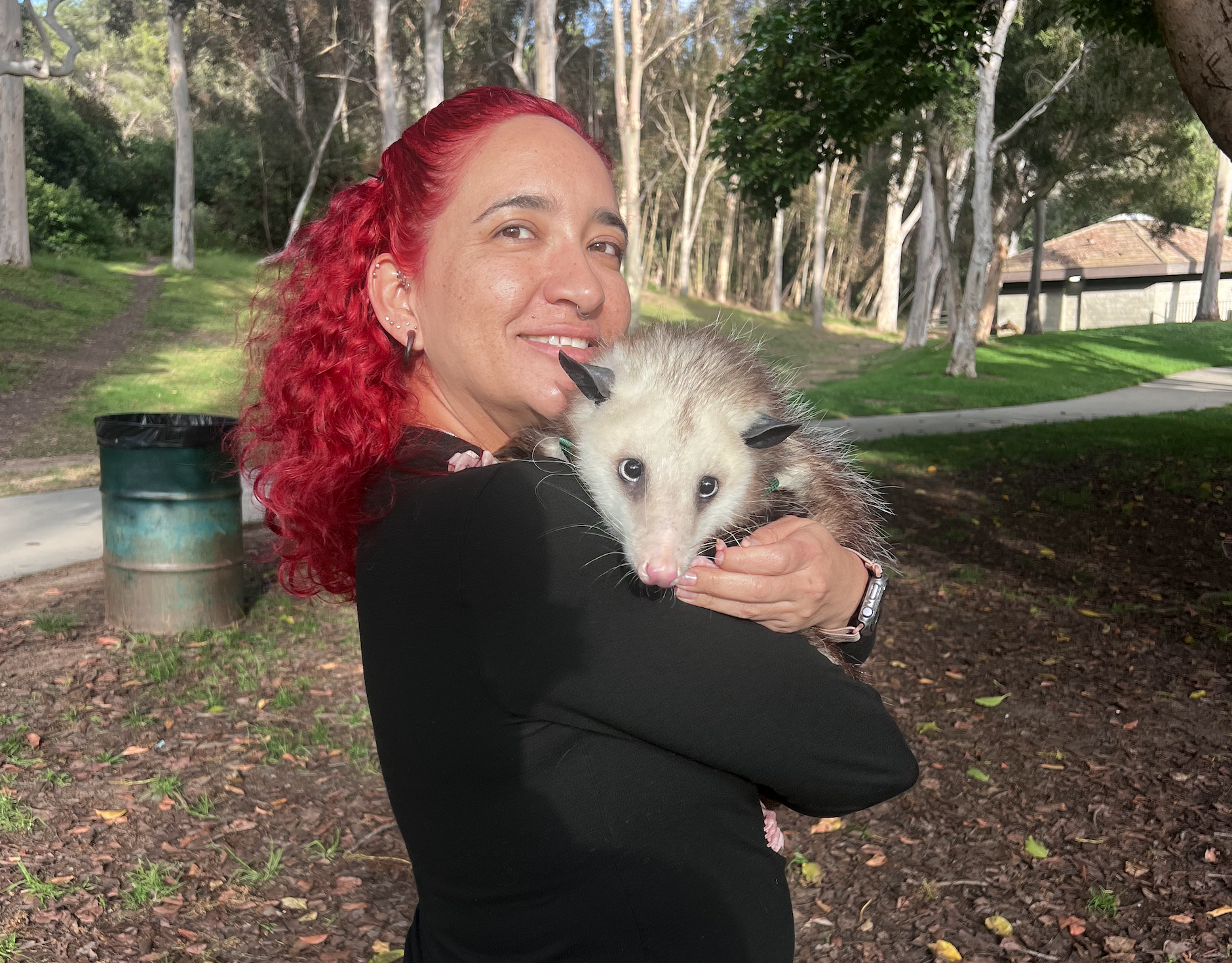 Brenda has red hair. She is huggling Horace, a US possum, under her chin