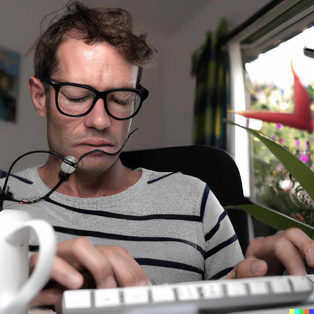 A warped figure that looks like me typing, with a headset on