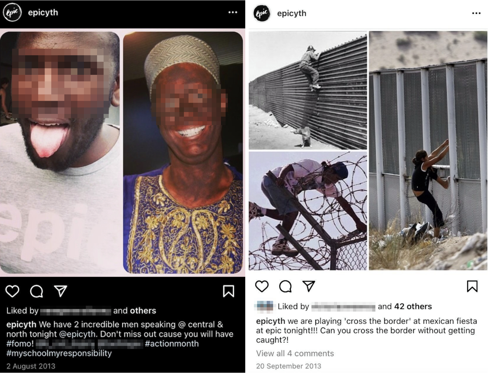 Two Instagram posts - one of the brownface, the other of the Mexican boarder crossing night