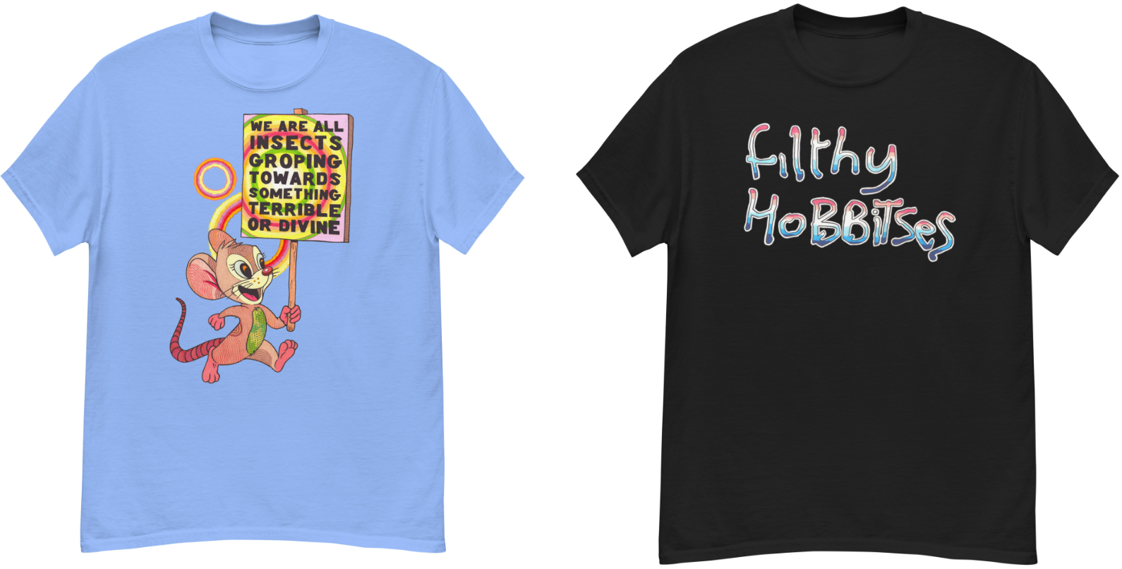 Two of the colourful new Webworm tees!