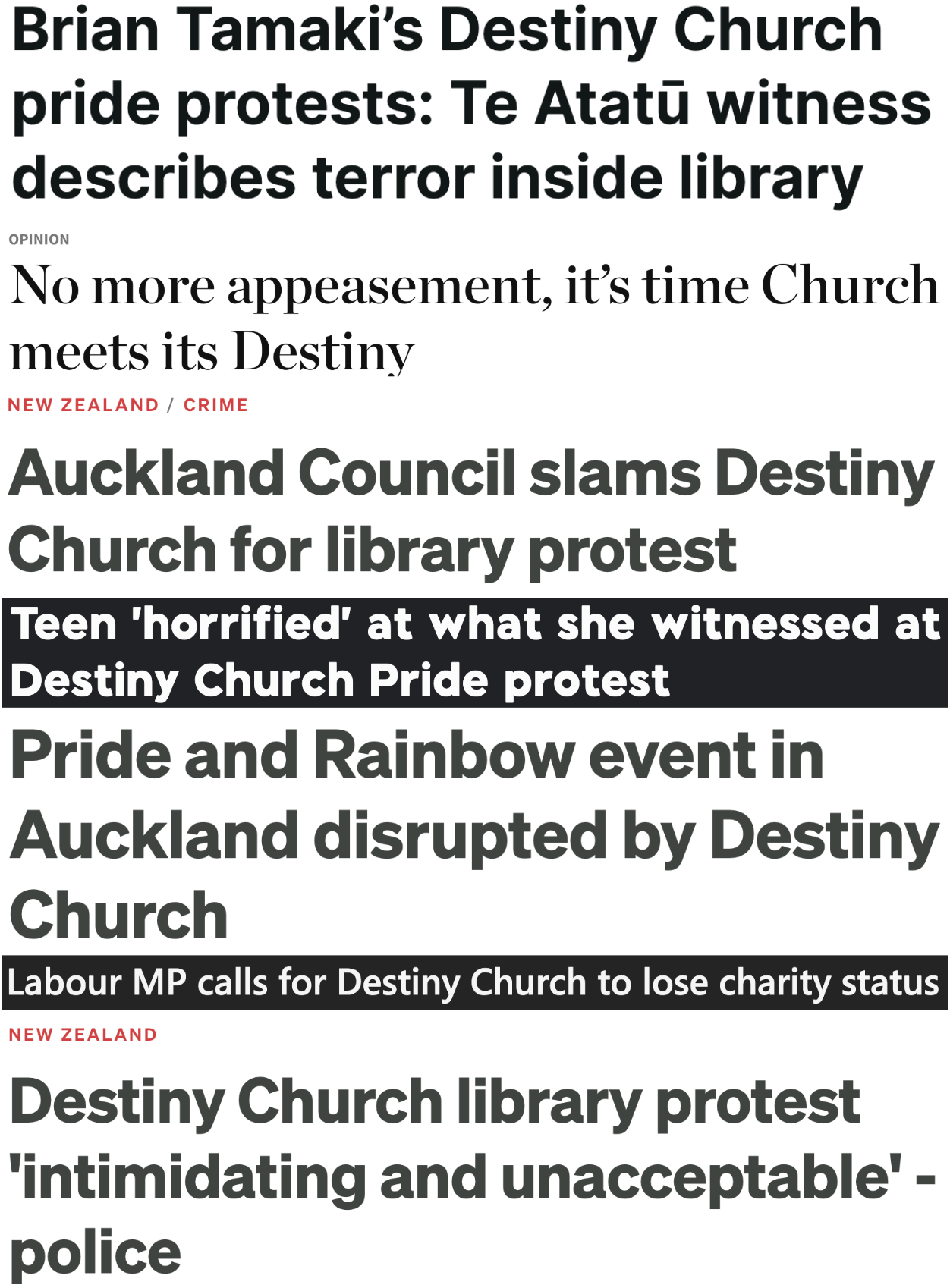 Headlines about how shitty Destiny Church is
