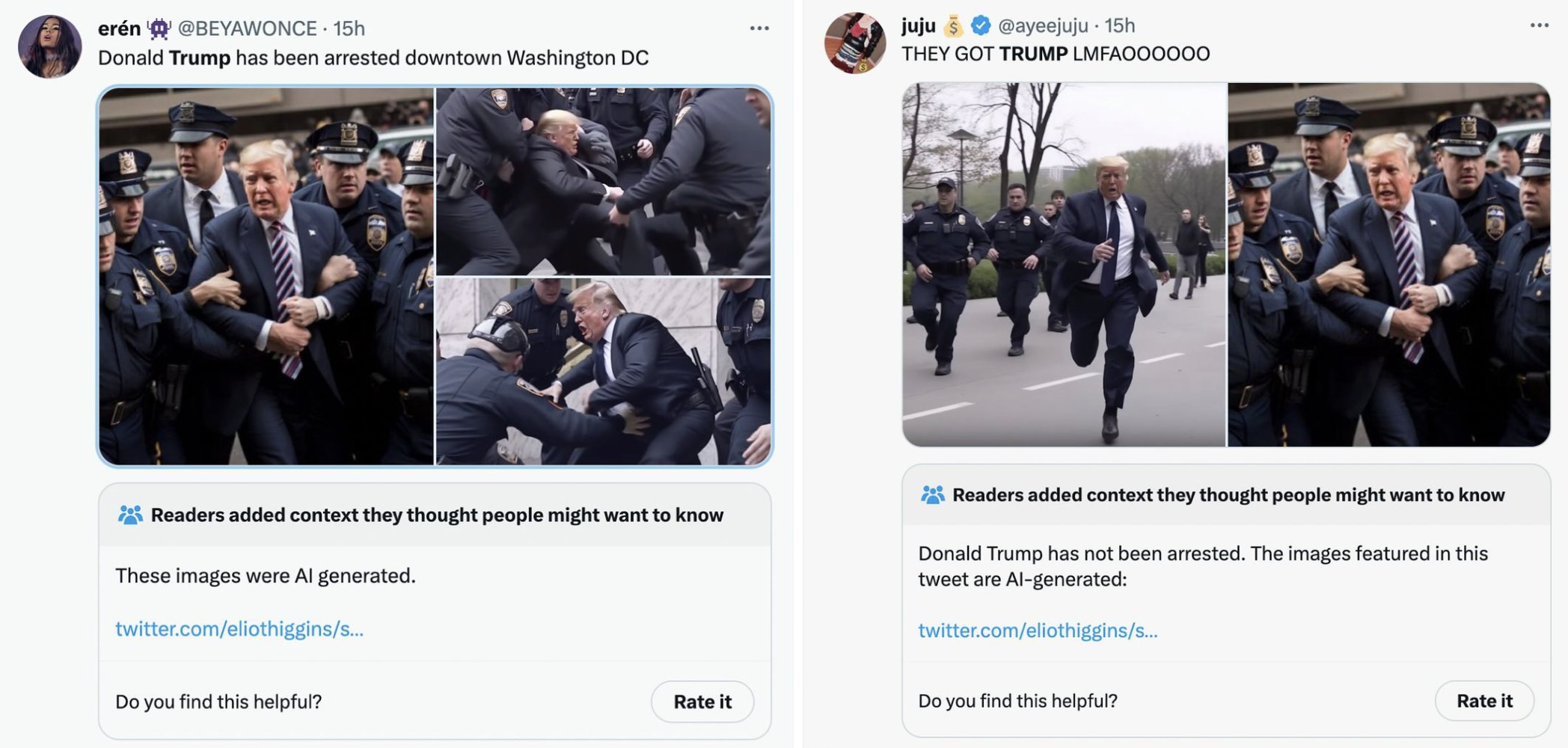 Two screenshots of tweets containing (AI-generated) pictures purporting to depict the arrest of President Trump. Under the tweets is a caption that says “These images were AI generated.