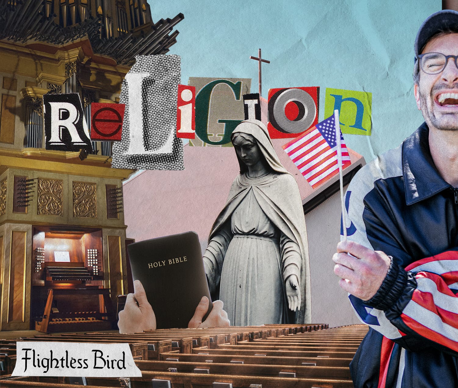 The Flightless Bird graphic - Farrier grinning like an idiot clutching an American flag