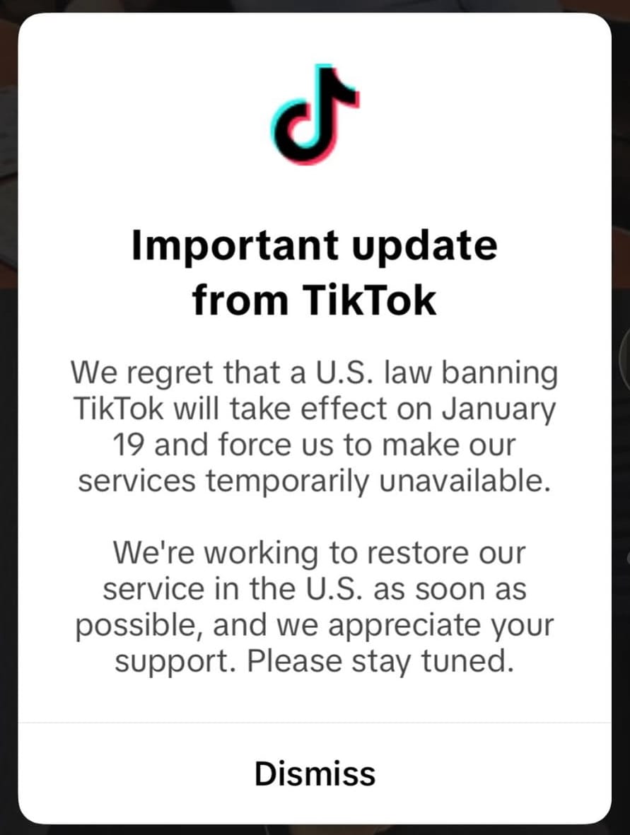"We regret that a U.S. law banning TikTok will take effect on January 19 and force us to make our services temporarily unavailable. We're working to restore our service in the U.S. as soon as possible, and we appreciate your support. Please stay tuned."