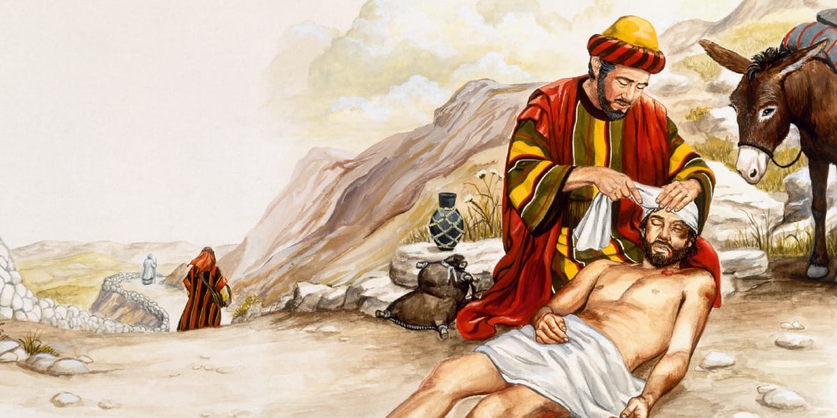An illustration of the good Samaritan helping!