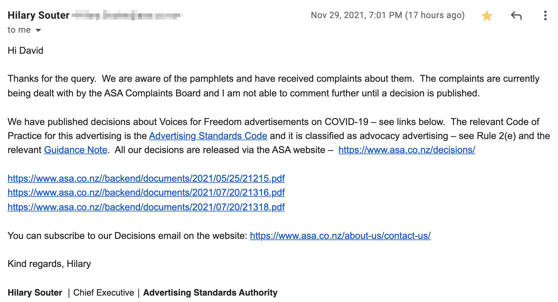 An email from Hilary that said very little