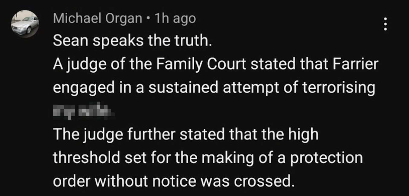 Michael Organ on YouTube: “Sean speaks the truth. A Judge of the Family Court stated that Farrier…”