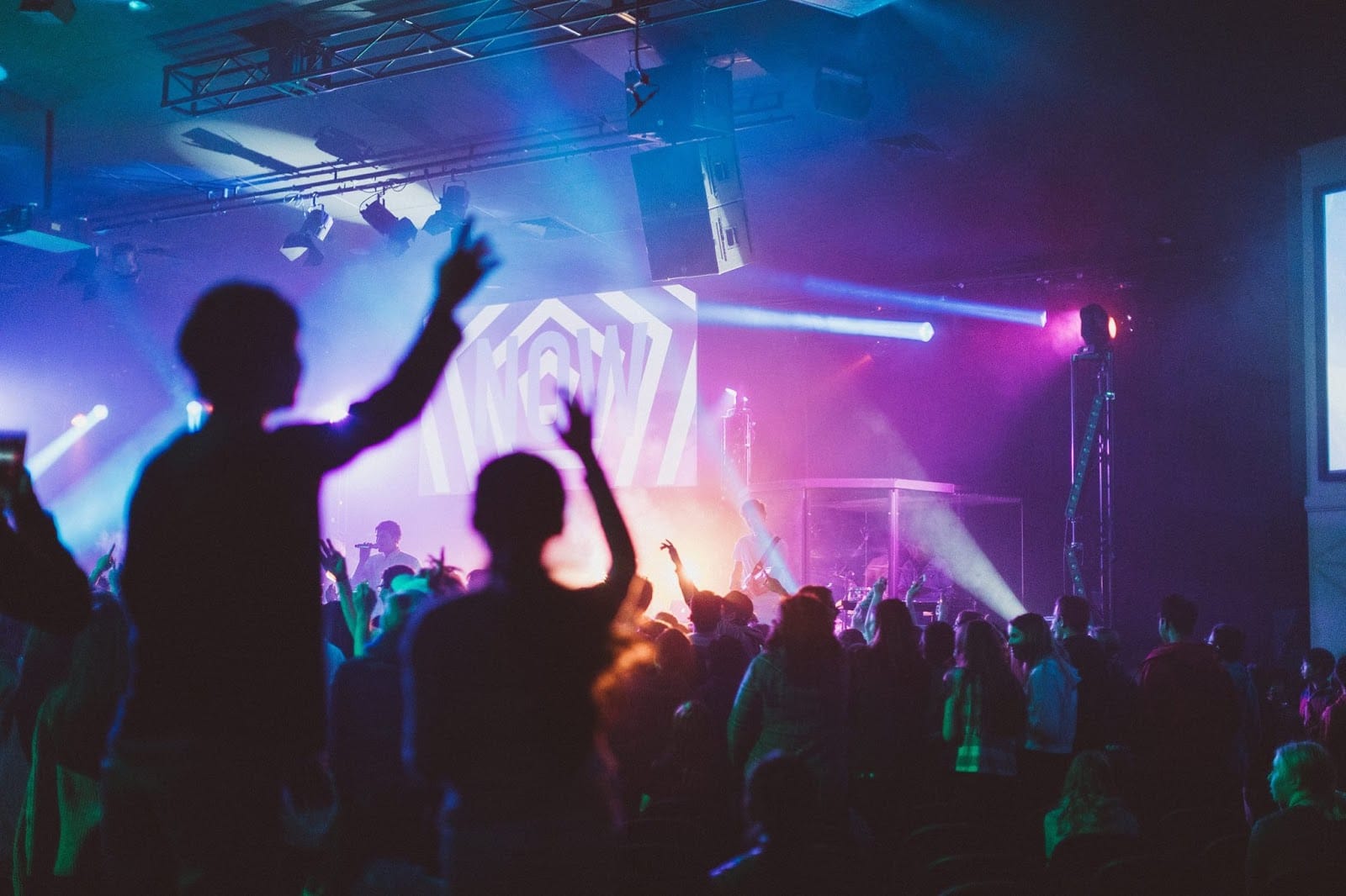 Worship night at church, a band is on stage