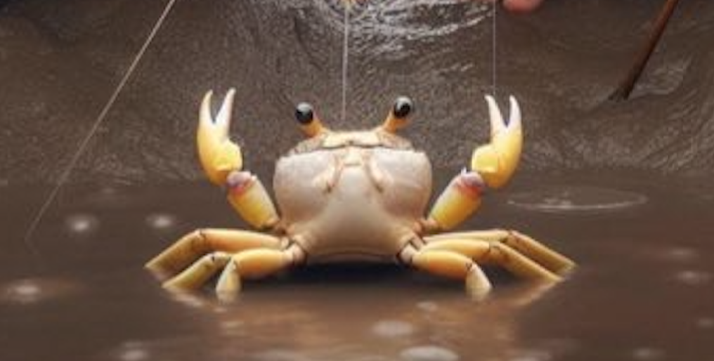 Close up of AI crab, staring with its beady black eyes