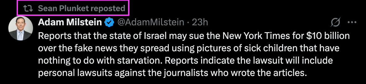 Plunket retweets a user saying it has nothing to do with starvation