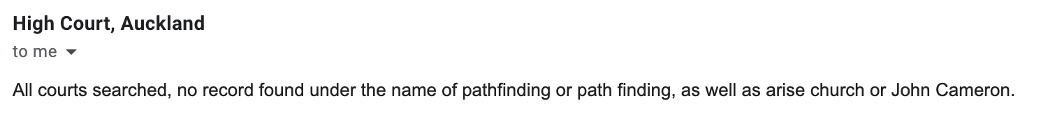 "All courts searched, no record found under the name of pathfinding or path finding, as well as arise church or John Cameron."