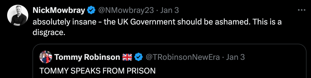 Nick sharing a tweet by Tommy Robinson