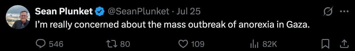 sean tweet's saying he is really concerned about the mass break of anorexia in gaza