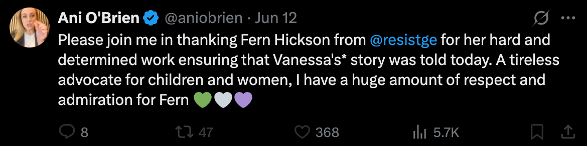 Ani O’Brien: “Please join me in thanking Fern Hickson for her hard and determined work in ensuring that Vanessa’s story was told”