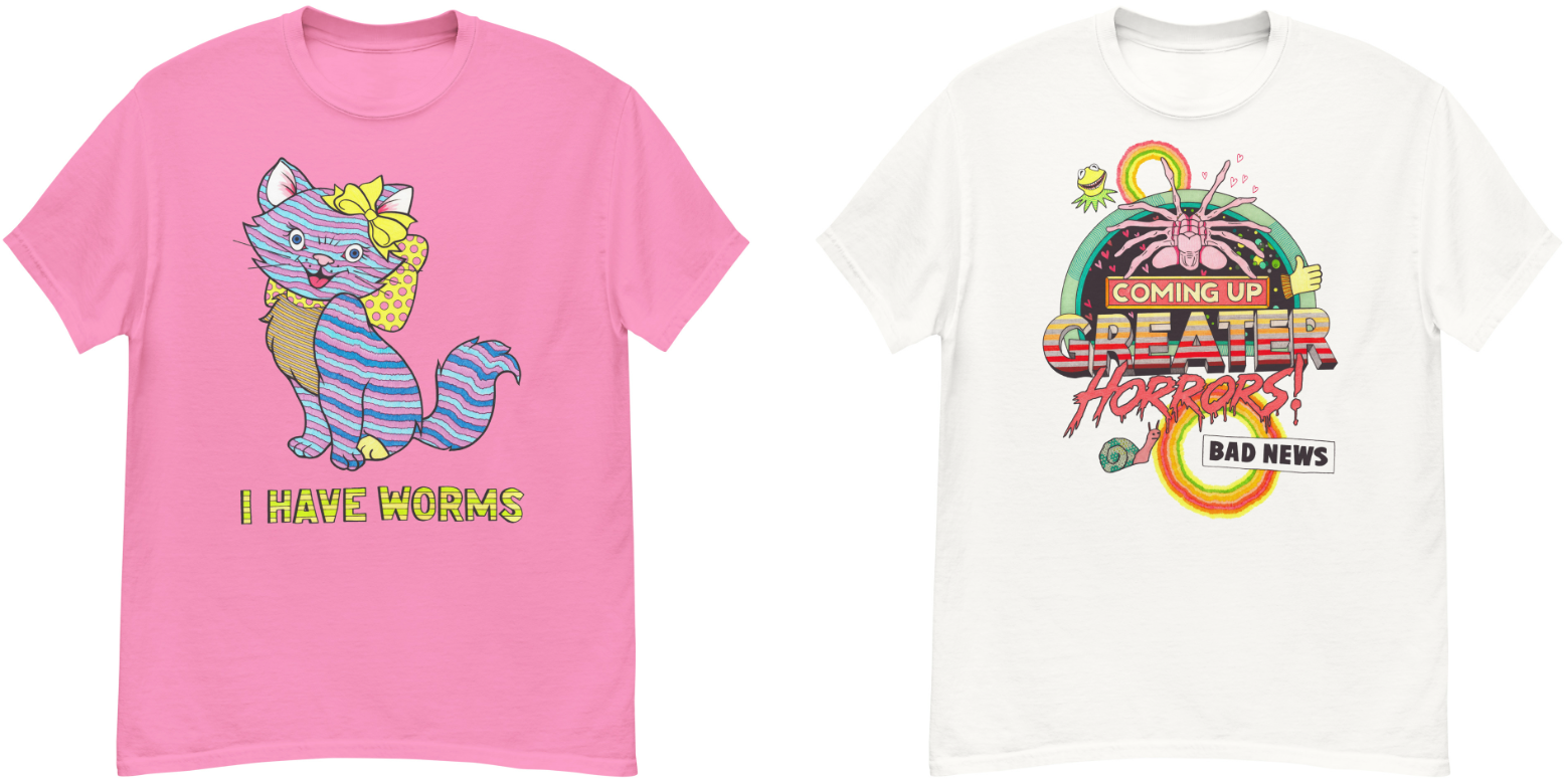 Two of the colourful new Webworm tees!