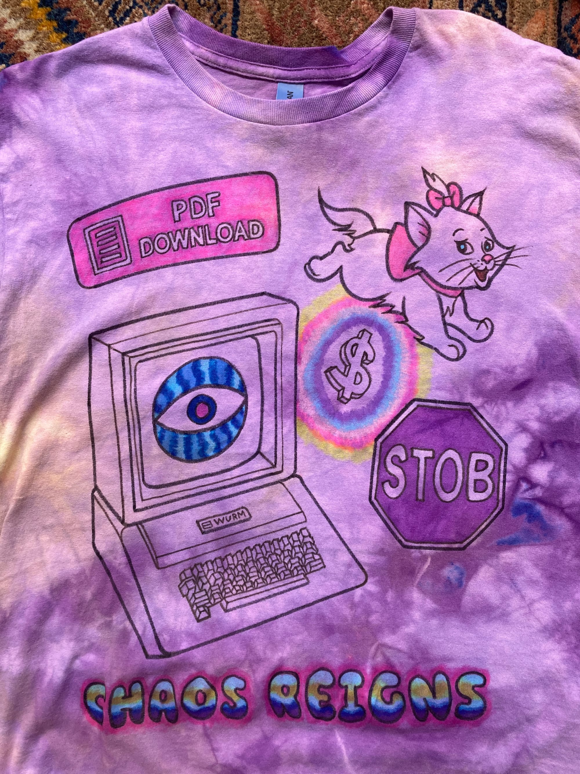 Tie dye tee with computer illustrations