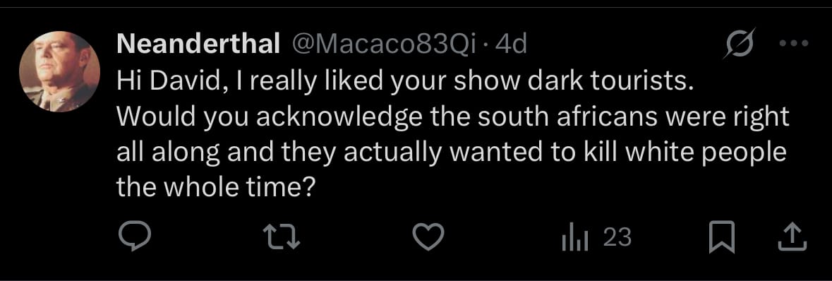 Rambling social media message urging me to talk about the poor white South Africans