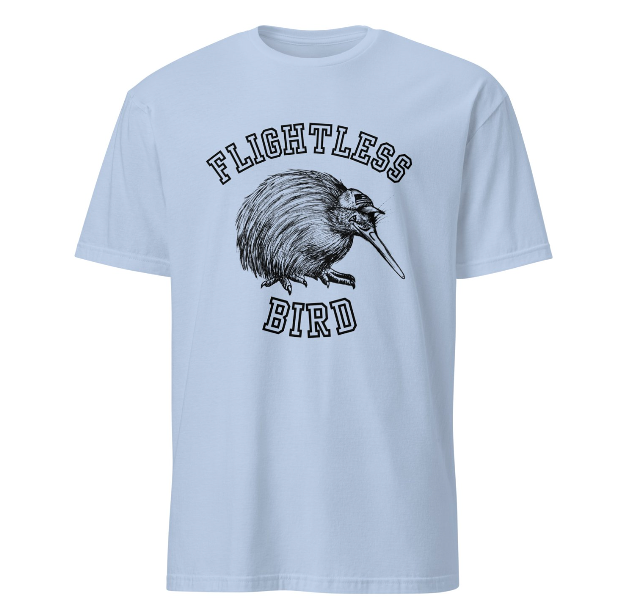 Kiwi bird on a tee with words "Flightless Bird"