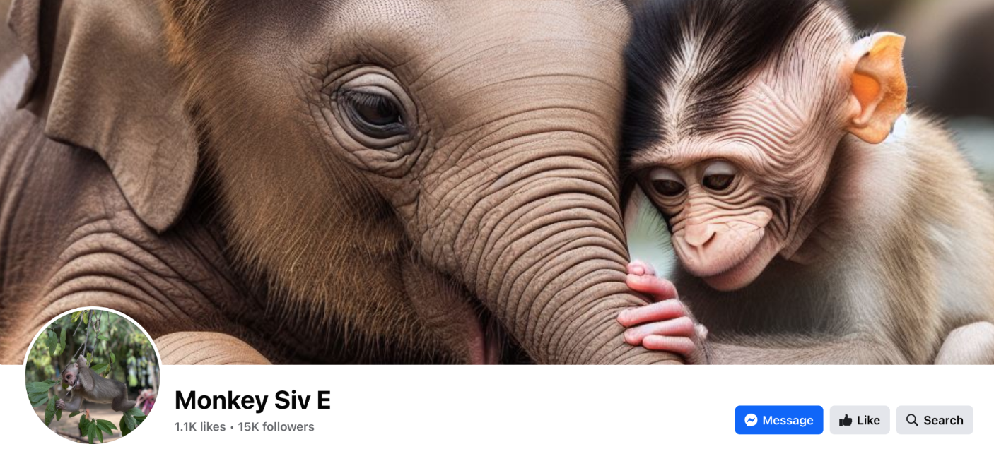 A facebook group featuring a header image of an AI elephant and monkey