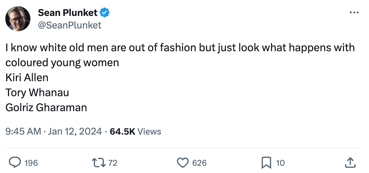 "I know white old men are out of fashion but just look what happens with coloured young women Kiri Allen  Tory Whanau  Golriz Gharaman"