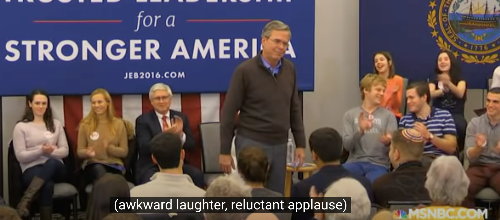 The next scene subtitled "awkward laughter, reluctant applause"