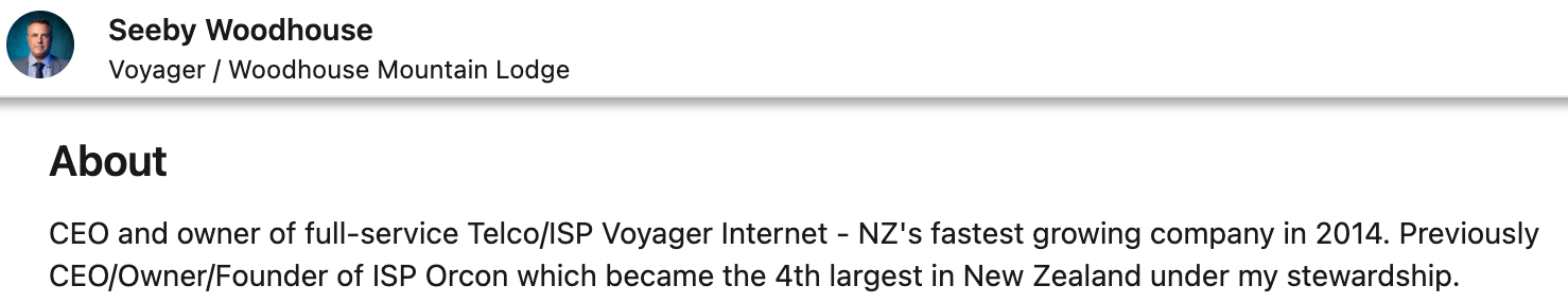 "CEO and owner of full-service Telco/ISP Voyager Internet - NZ's fastest growing company in 2014. Previously CEO/Owner/Founder of ISP Orcon which became the 4th largest in New Zealand under my stewardship."