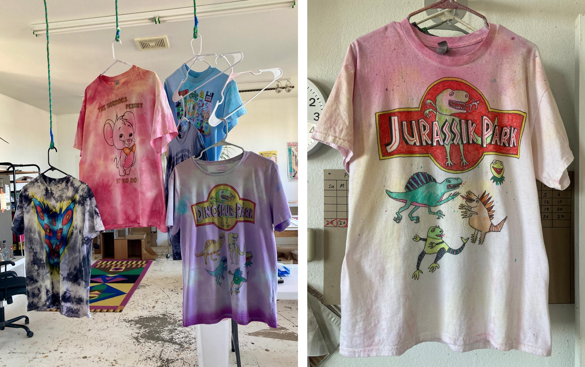 Various tie die shirts that dress has hand drawn