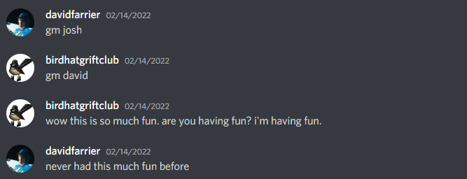 “David to Josh: GM Josh” “Josh: “GM David”