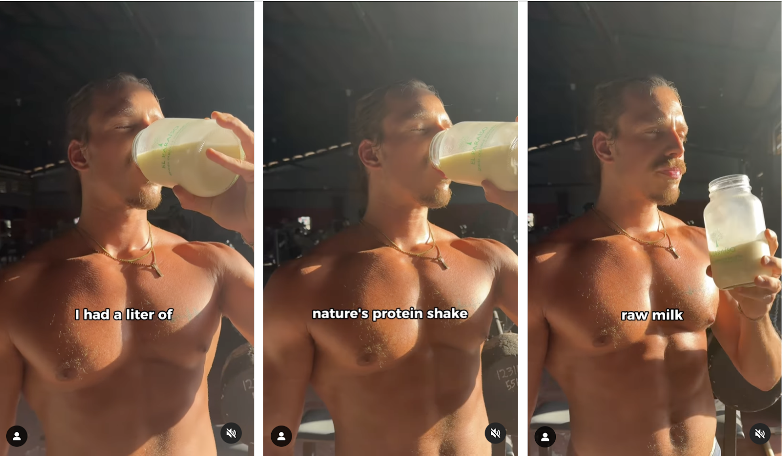 A man drinking a litre of raw milk